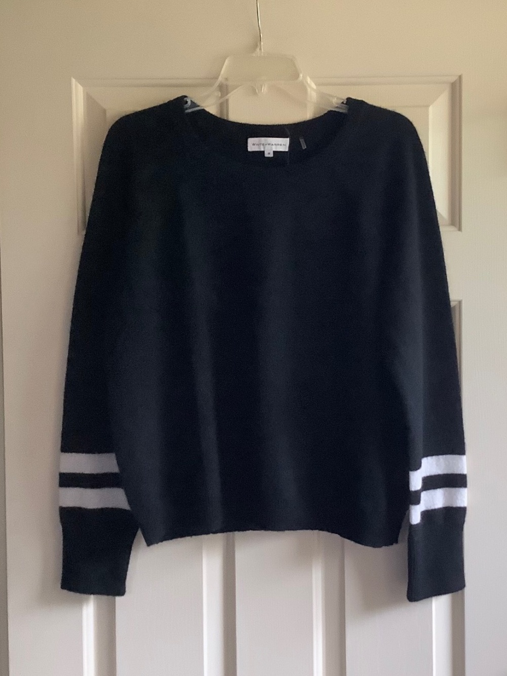 WHITE + WARREN Cashmere Varsity Stripe Sweater Black Soft White SZ M